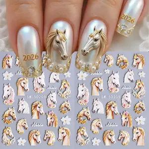 2 Pcs Horse Embossed Nail Art Stickers, 3D Horse & Flower Design Rhinestone Embellished Nail Decals, DIY New Year Manicure Decorations for Women and Girls, Rhinestone Nails