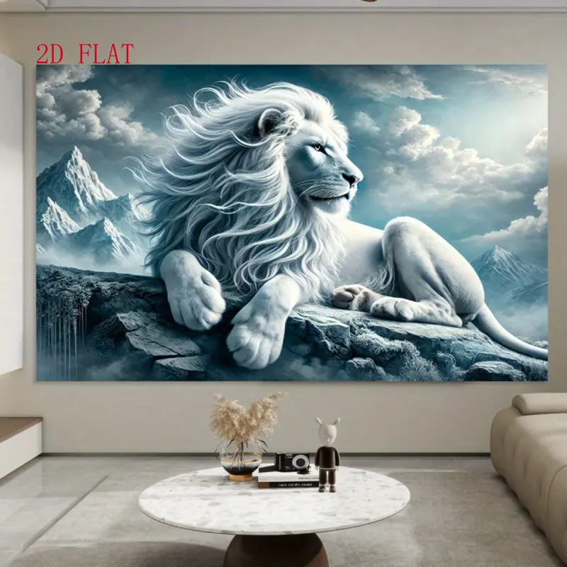 1 Piece Polyester White Lion and Snow Mountain Tapestry - Realistic Print Large Indoors Wall Art, Rock-Perched Figure, Snow Peaks, Clouds, Delicate Fur Texture - Living Room, Photo Booth Backdrop