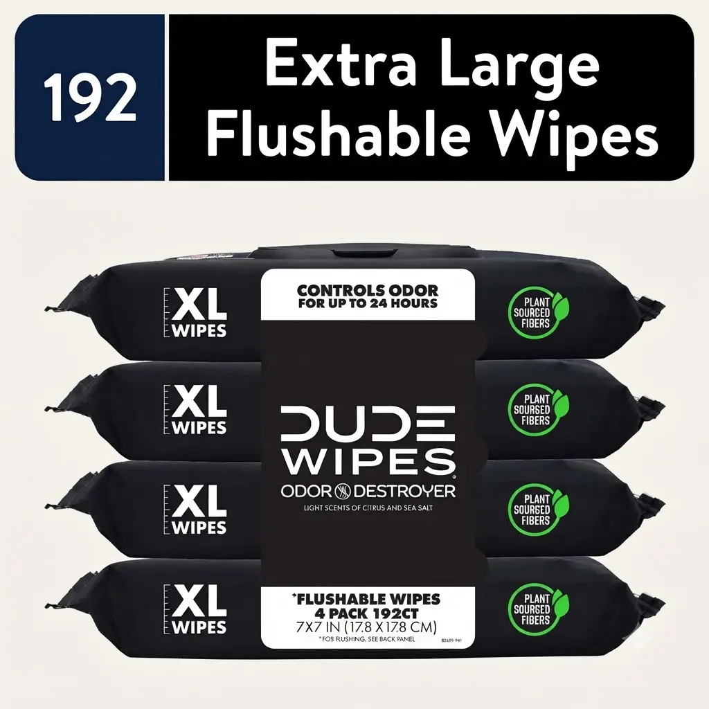 DUDE Wipes Odor Destroyer XL Flushable Wet Wipes Clean Scent 48 Count 4 Pack Deodorizing Personal Care Wipes