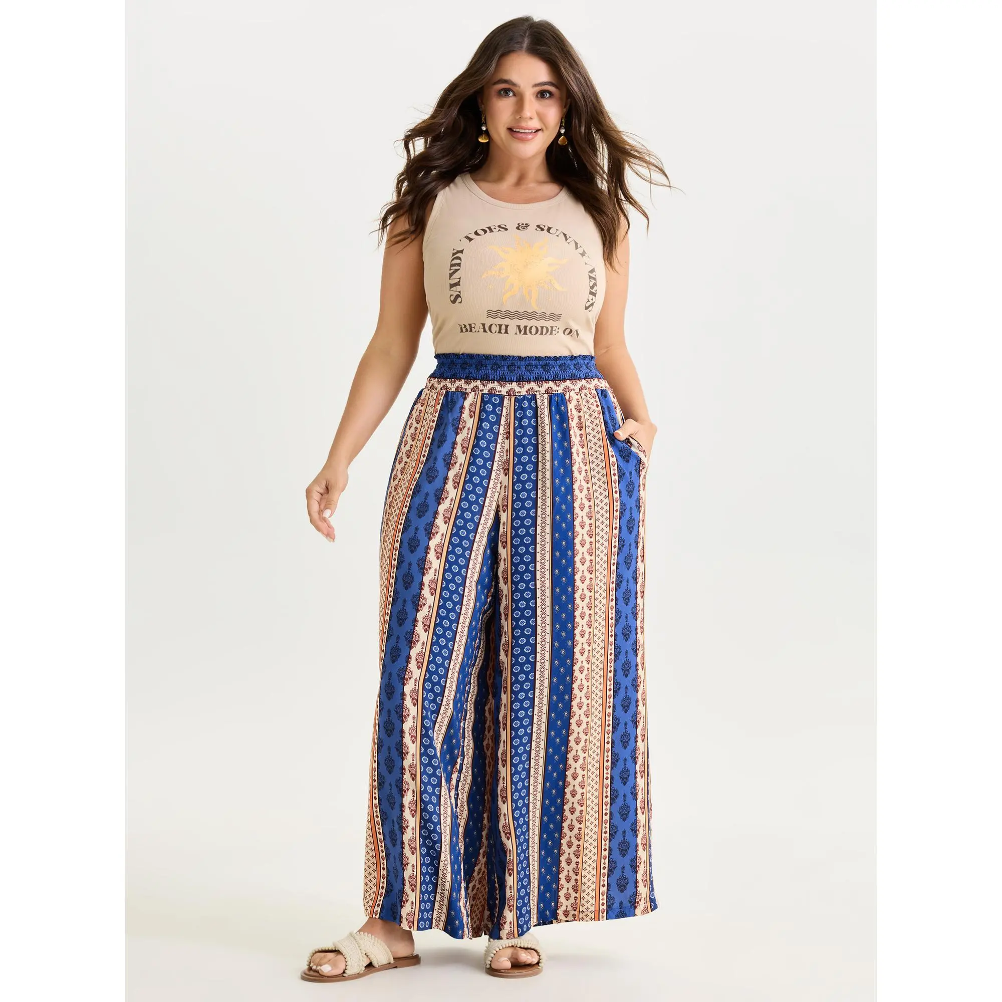 BloomChic Women's Plus Size Bohemian High-Rise Smocked Waist Rayon Trousers - Belted, Striped, Pockets, Breezy Summer Bottoms, Casual, Machine Washable, Plus Size Basics, 14-16/1x, 18-20/2x, 22-24/3x, High Waisted Pants