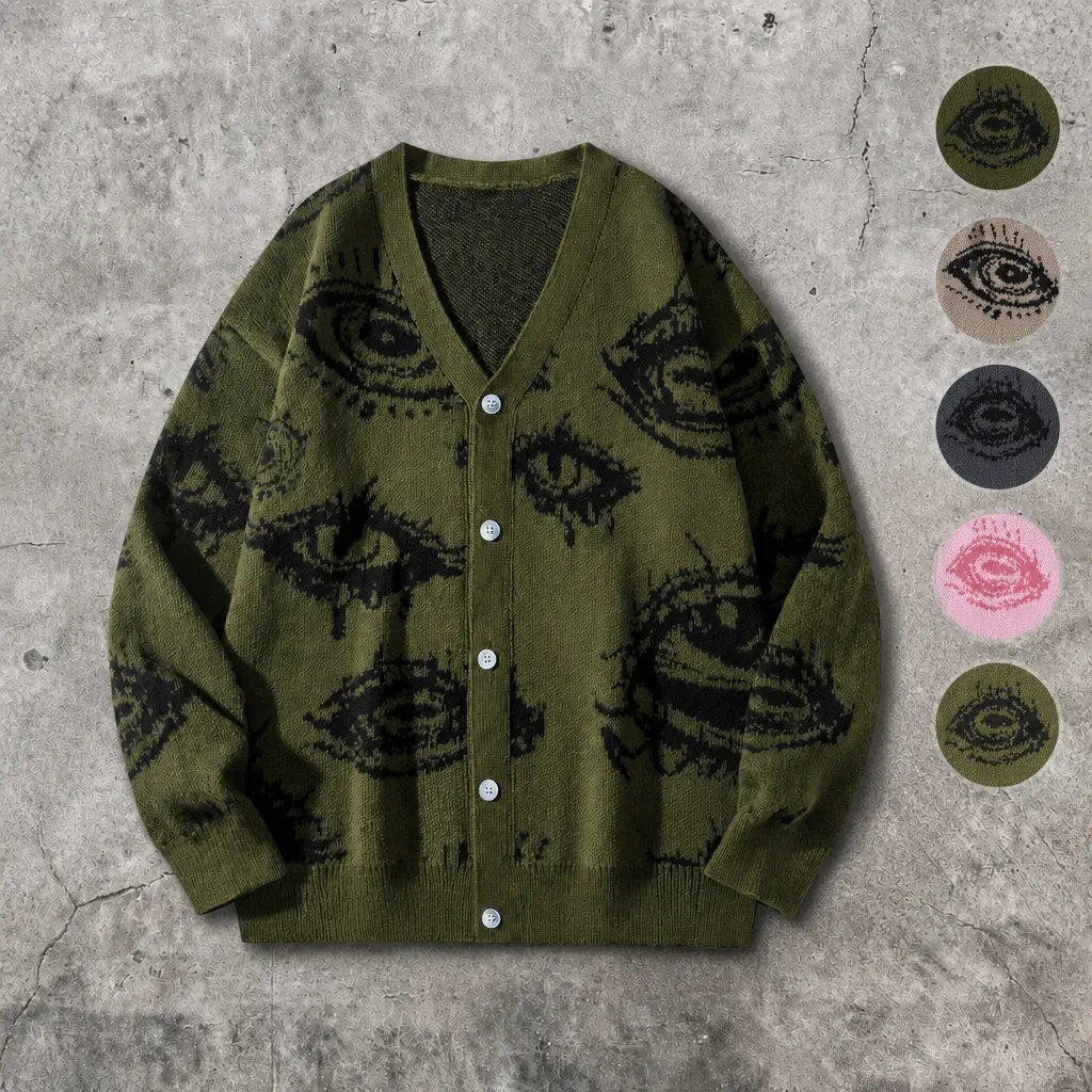 Mens Y2K Streetwear Big Eye Graphic Knit Cardigan Vintage Halloween Costume V Neck Button Up Sweater Casual Relaxed Fit Fall Winter Grunge Tops Olive Green S-XL Army Green Fashion