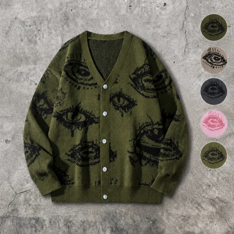 #SohoChic Men's Retro Elegant Big Eye Graphic Polyester Knit Cardigan Sweater - V-Neck Button-Front, Relaxed Fit, Stylish Casual Unisex Simple Sporty Fall Winter Tops, Vintage Halloween Party Apparel, Olive/Army Green, S-XL