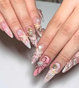 Alice WonderNails – Summer Beach Press On Nails | Seashell, Starfish & Pearl Nail Art | Long Almond Nails | Holiday Party Nail Set – AW272