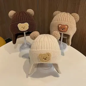 Unisex Baby Winter Knitted Hat Set Warm Cozy Acrylic Wool Cap With Teddy Bear Ears Stretchy Thermal Design Adjustable Cute Warmer For Cold Weather Casual Wear