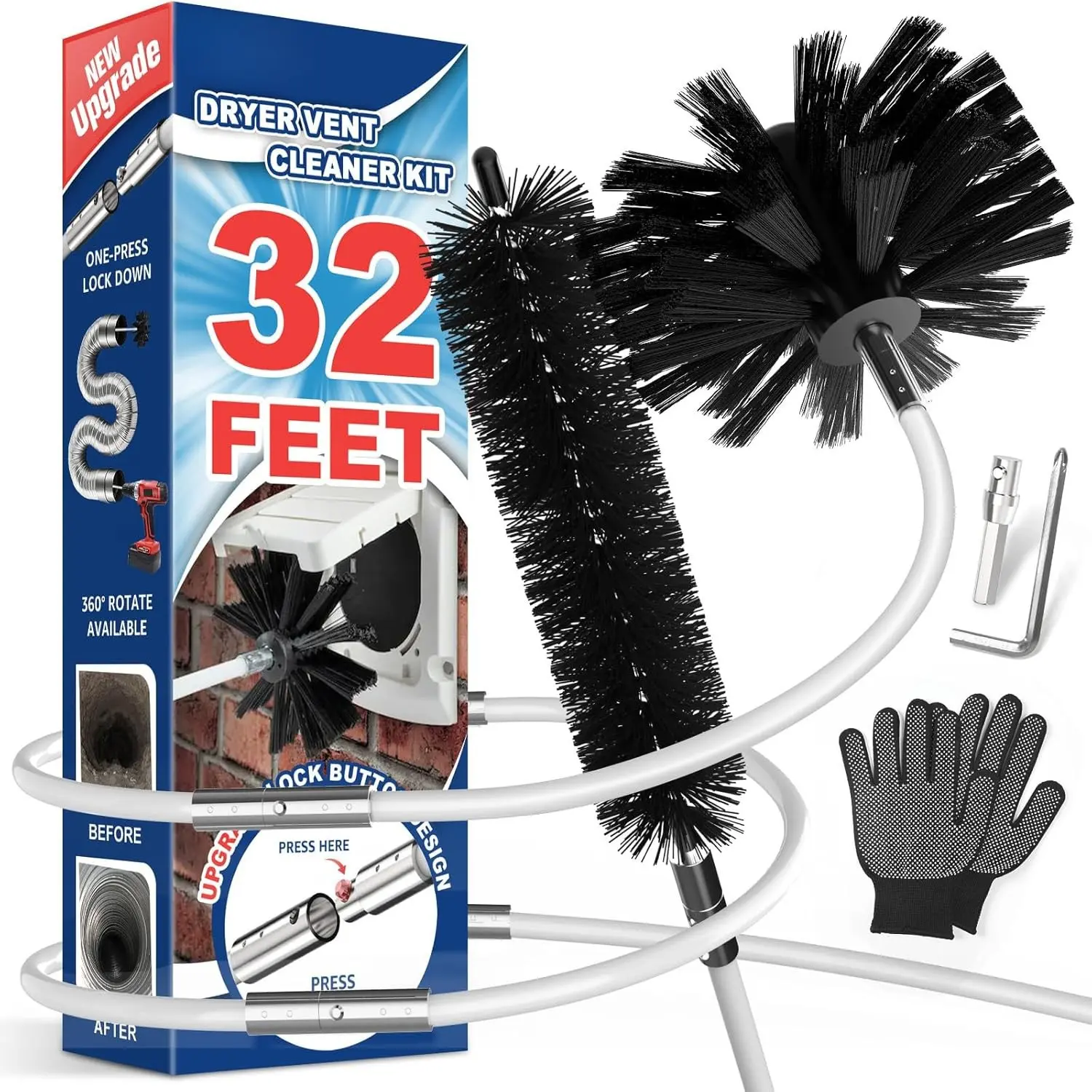 32 Feet Dryer Vent Cleaner Kit, Enhanced Flexible Quick Snap Brush with Drill Attachment for Effective Cleaning, 360 Degree Rotation Without Loosening, Use with or Without a Power Drill