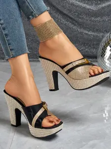 Women's Elegant Colorblock High Heel Sandals, Party Footwear, Artificial Leather Square Toe, Cone Heel, Medium Width, All Seasons, Plain Pattern, Shoe, Footwear