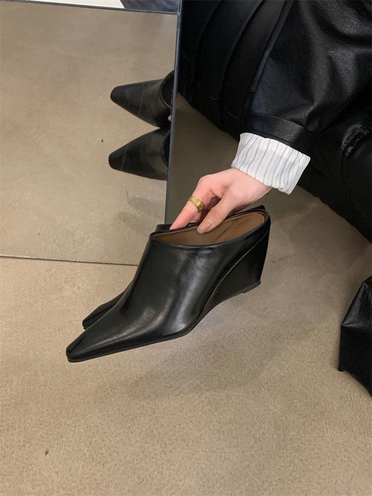 Women's Elegant Leather-Look Wedge Heel Backless Slides - Comfortable Height for Commuting & Formal Occasions