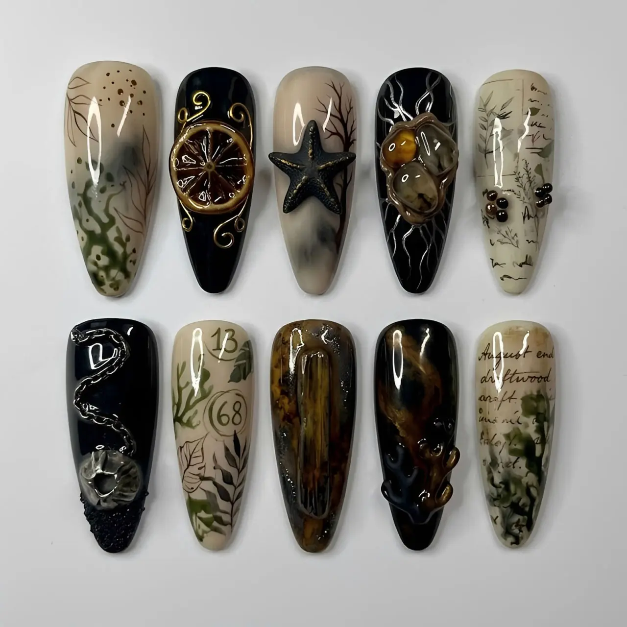 Dark Ocean Gothic Press On Nails, 3D Starfish Oyster Seashell Nail Art, Black Beige Botanical Sea Witch Nails, Handmade Long Coffin Nail Set