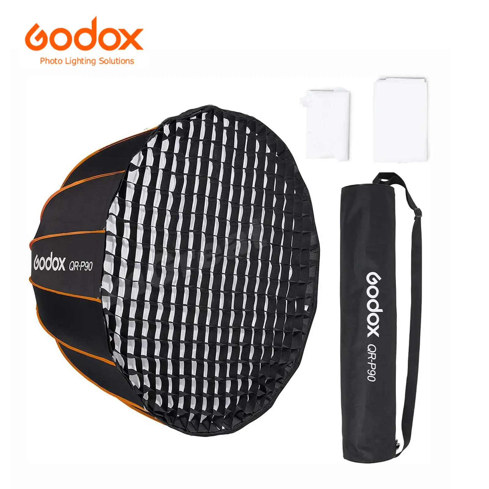 GODOX QR-P90 35.4In/90CM Bowens Mount Quick-Release Parabolic Softbox Camera Accessory with Diffusers, Honeycomb Grid, Reflective Liner & Adapter Ring (Fits SL-60W, AD600BM, VL150, UL150, SL150II, Amaran 100X, 200D, 200X) - 1X Softbox, 1X Grid, Accessorie