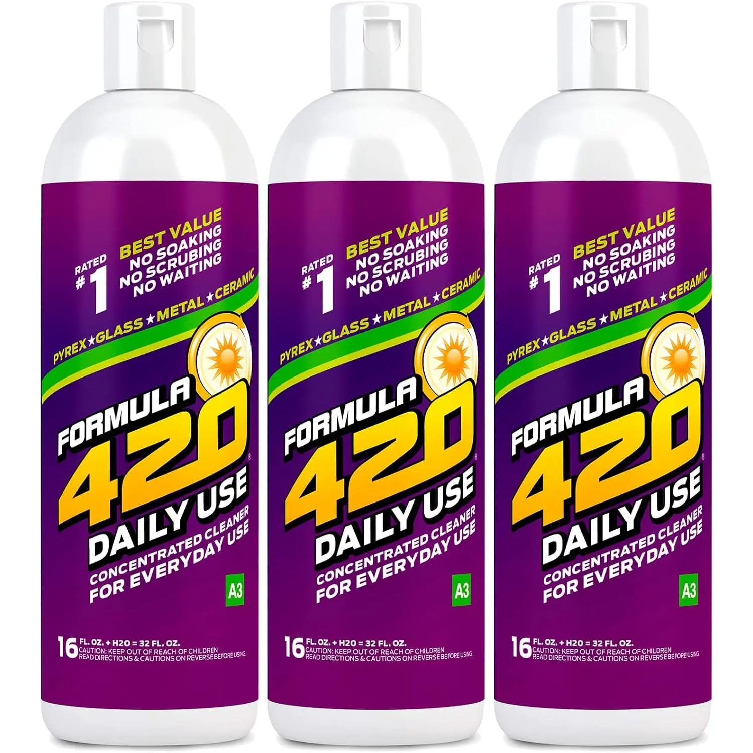 3 Pack -  Daily Use Concentrated 16oz. Makes 32oz. Glass, Pyrex, Metal and Ceramic Cleaner