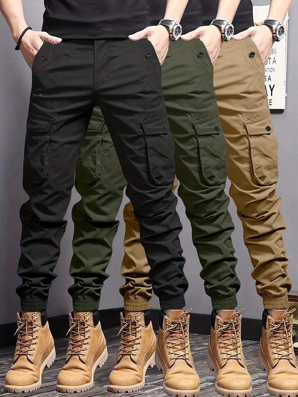 Men's Work Pants Set of 3 - Lightweight Summer Joggers with Multiple Pockets, Elastic Waistband & Side Pockets, Casual Solid Color Regular Fit, Suitable for Loungewear, Joggers, Outdoor Activities, Trendy Casual Wear