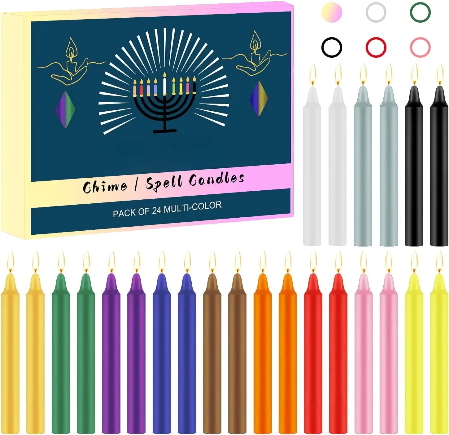 24 Pack Assorted Color Spell Chime Candles, 4 Inch Mini Taper Candles for Rituals/Birthday Party/Prayer/Meditation// Altar/Magic Tools
