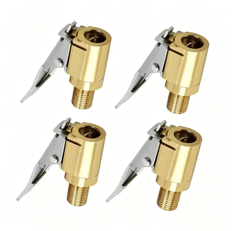 4PC No More Leaks! Locking Tire Inflator Hose Adapter, Brass Air Chuck Connector with Clip for Car, Motorcycle & Bicycle Tires