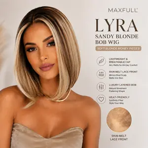 Lyra - MaxFull Dark Ash Brown Bob Wig | Platinum Blonde Chunky Highlights, Pre-Cut,13x5 Skin-Melt HD Lace Front, Free Part, Y2K Money Piece, Face-Framing Layers, Synthetic Everyday Wig