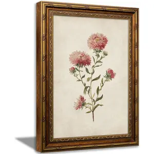 Vintage Gold Framed September Birth Flower Wall Art, Vintage Aster Flowers Canvas Prints, Pink Picture Wall Decor, Aster Botanical Poster Artwork for Living Room Bedroom Birthday Gift 9x11in
