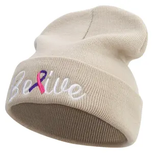 Cancer Awareness With Belive Embroidered 12 Inch Long Knitted Beanie