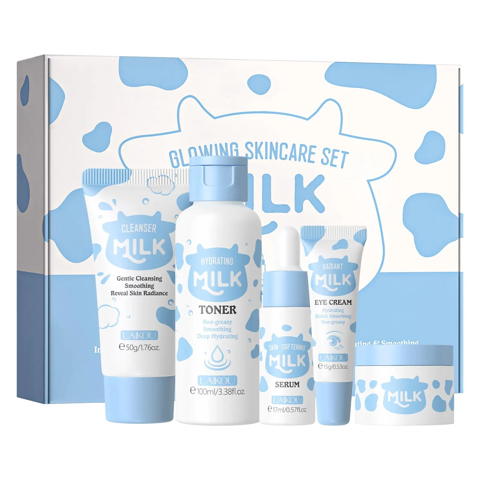 Milk Skincare Set, 5-Piece Includes Cleanser, Toner, Serum, Eye Cream, Moisturizer, Non-Sticky, Hydrating, Suitable for All Skin Types