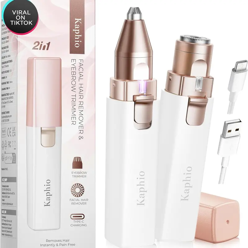 Kaphio Women's 2-in-1 Electric Eyebrow Shaper & Facial Hair Remover Razor, USB-C Rechargeable Cordless Stainless Steel Trimmer with Dual Blade, Batteries, LED Light to Spot Every Hair, Precise Brow Trim, Portable Gentle Daily Beauty Tool