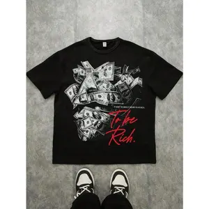 180g[100%cotton]To Be Rich Dollar Bill Vintage Washed Oversized T-Shirt Fun Money Graphic Tee Casual Streetwear For Men Women
