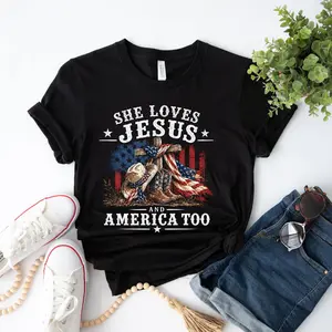 She loves Jesus and America too Shirt, Cute 4th of July Woman Shirt, Patriotic Christian Shirt, America 250 Shirt, Western America Tee