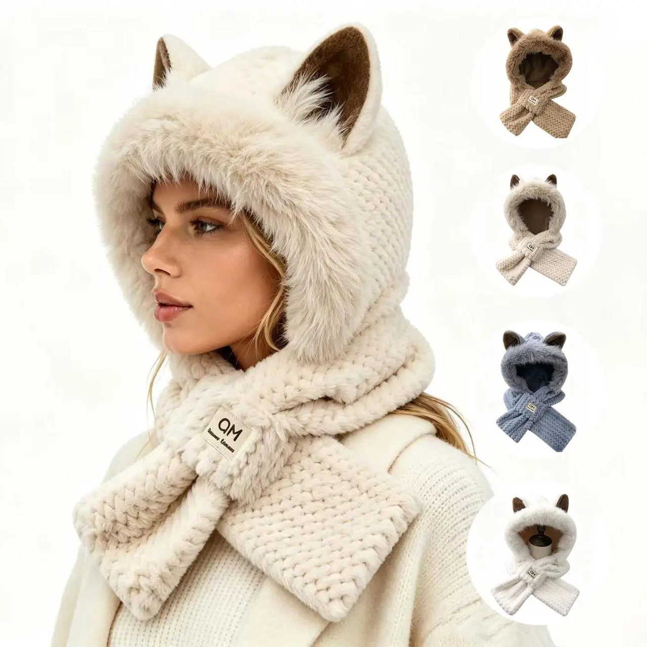 Women’s Cute Cat Ear Hooded Hat, Solid Color Faux Fur Plush Hooded Scarf, Warm Winter Neck Accessory