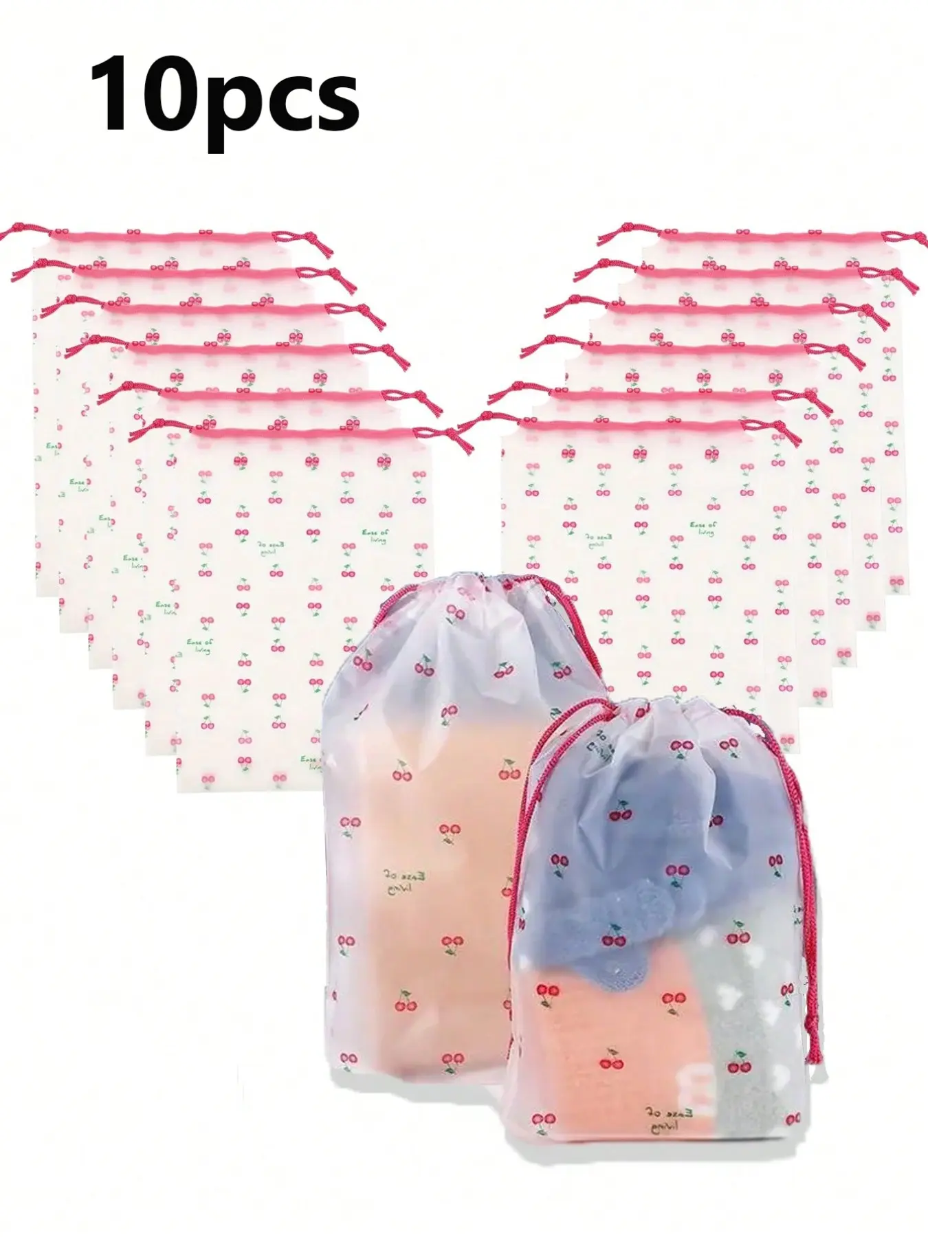 10-Pack Cherry Pattern Transparent Plastic Storage Bags, Portable Travel Shoe Packaging Bag, Unisex Drawstring Shoe Pouches, Travel Accessories