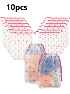 10-Pack Cherry Pattern Transparent Plastic Storage Bags, Portable Travel Shoe Packaging Bag, Unisex Drawstring Shoe Pouches, Travel Accessories