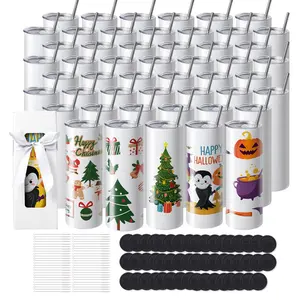 VEVOR 50 Pack Sublimation Tumblers 20oz Skinny Straight,  Stainless Steel Sublimation Tumblers Blank, Stainless Steel Double Wall Tumbler for Heat Transfer Customized Gifts with Lid and Straw