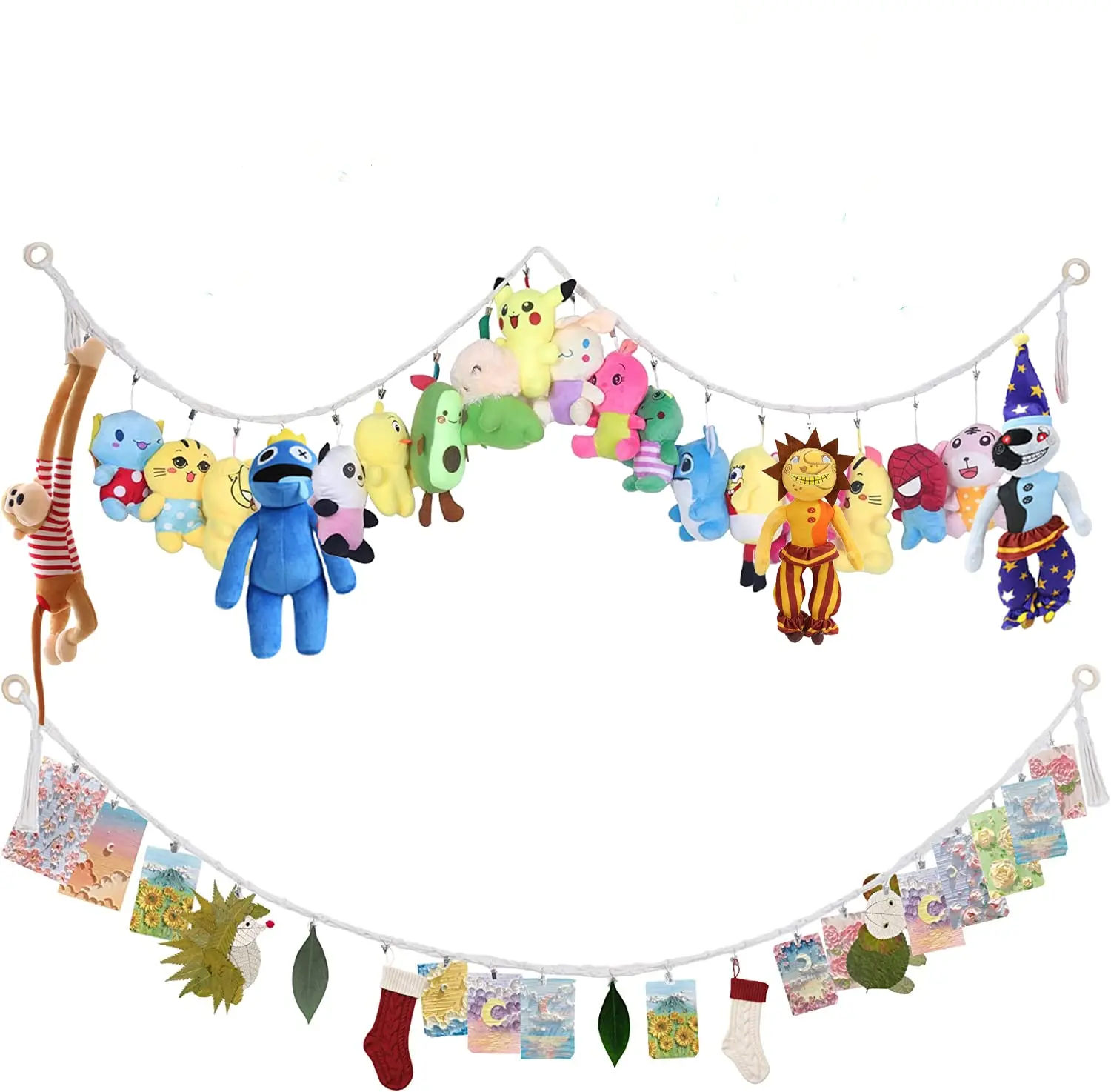 White Hangable Cotton Stuffed Animal Storage Chain Set - 80 in, 20 Metal Clips, Home Organiser, Decorative Storage, Room Organization Products for Nursery, Playroom, Storage Organiser