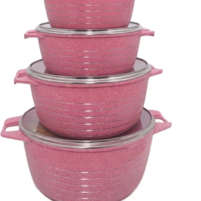 5-piece pink granite-coated cooking pot set (also called a nonstick cookware set) with glass/stainless-steel lids