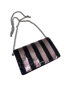 Pre-owned PRADA Black & Pink Striped Sequin Chain Crossbody Bag/ee05220228/0228