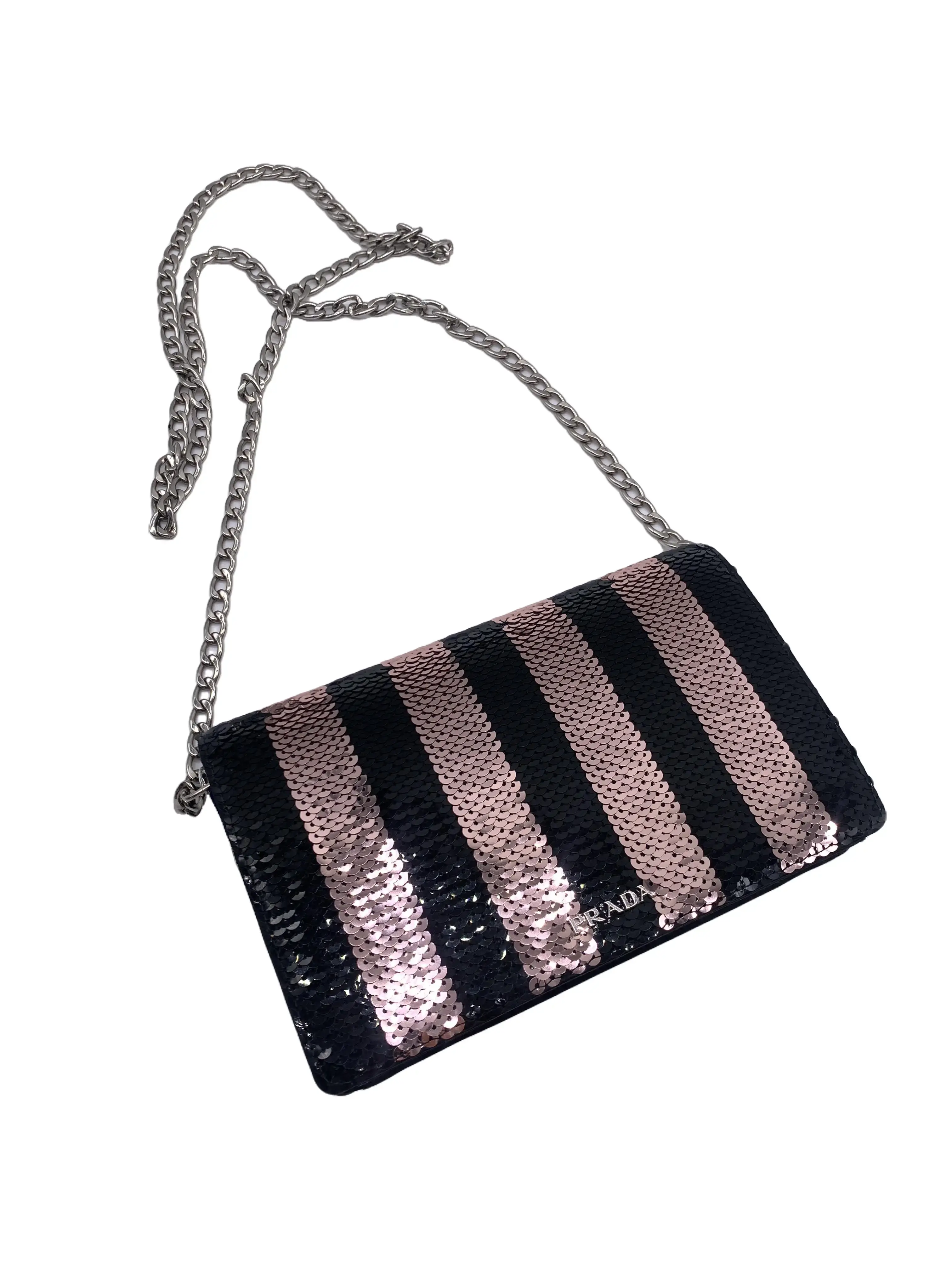Pre-owned PRADA Black & Pink Striped Sequin Chain Crossbody Bag/ee05220228/0228