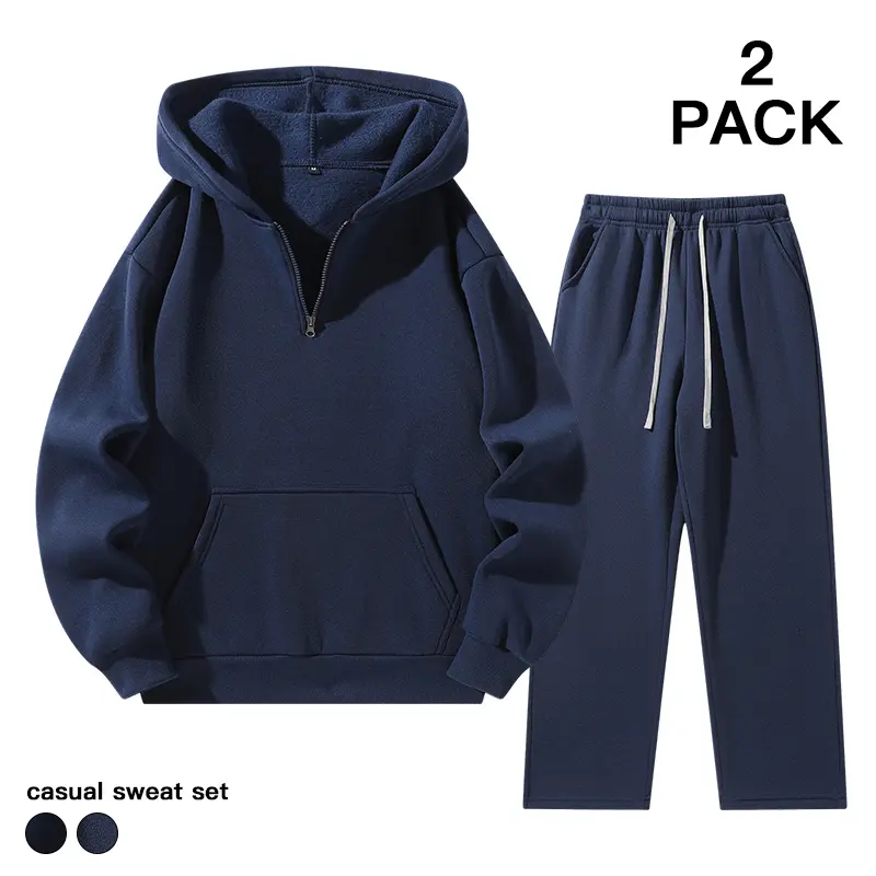 Menswear Long Sleeve 2-Pack Casual Chic Sweat Set - Half-Zip Hoodie, Plain Straight-Leg Sweatpants (Unisex Fit)