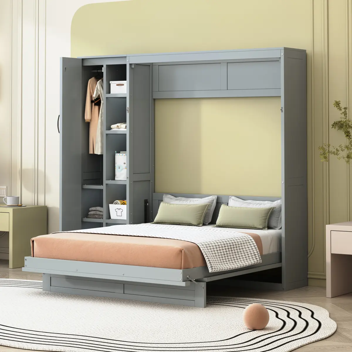 Gray Full Size Murphy Wall Bed (Plywood+MDF) - Sturdy Adjustable Ergonomic Design, Shelves, Wardrobe, LED Night Light, Flexible Slats, 600lbs Capacity, 82"l x 16.1"w x 82.7"h, Max 8" Mattress, Gentle Reading Light for Home Gym Use