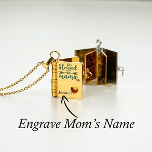 AS305 To My Bonus Mom Book Necklace Personalized Blessed Mama Message Pendant Custom Text Locket Gift from Daughter for Mother's Day Birthday