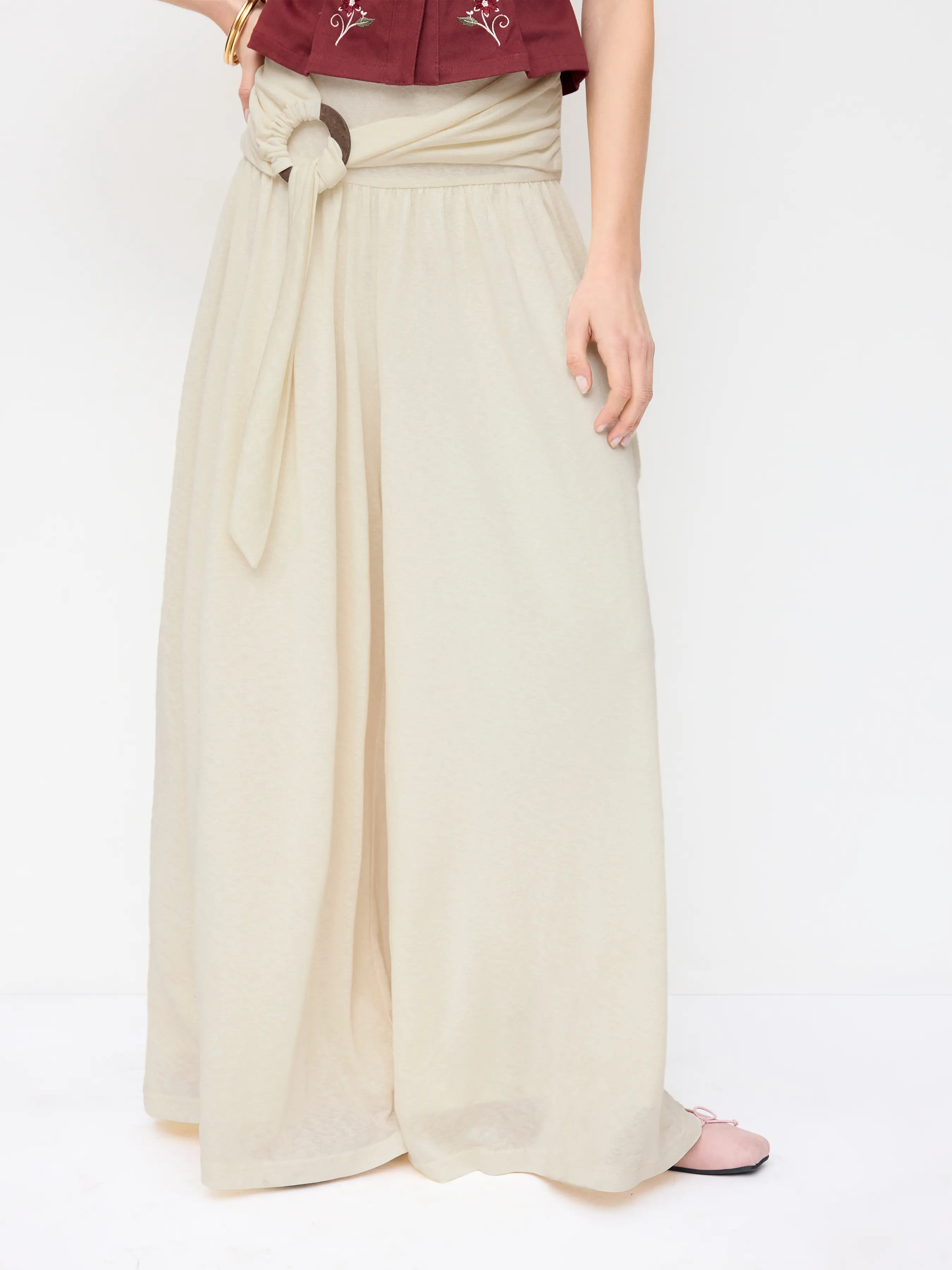Cider Women's Mid-Rise Wide Leg Trousers, Draped Rayon Knit Fabric, Ruched O-Ring Belt, Medium Stretch, Loose-Fitting, Opaque Solid Color Pants