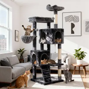 PurrFest 64 Inches Cat Tree Tower/Multi-Level Activity Center for Indoor Big Felines/2 Plush Condos/2 Perchs/Basket/House/Sisal Scratching Posts/Hanging Cat Toys