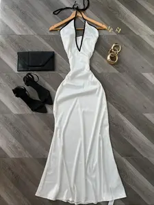Elegant Satin Long Sleeveless Dress with Colorblock Tie and Deep V Backless Neckline, Stylish Evening Gown for Special Occasions, Fit, Womenswear