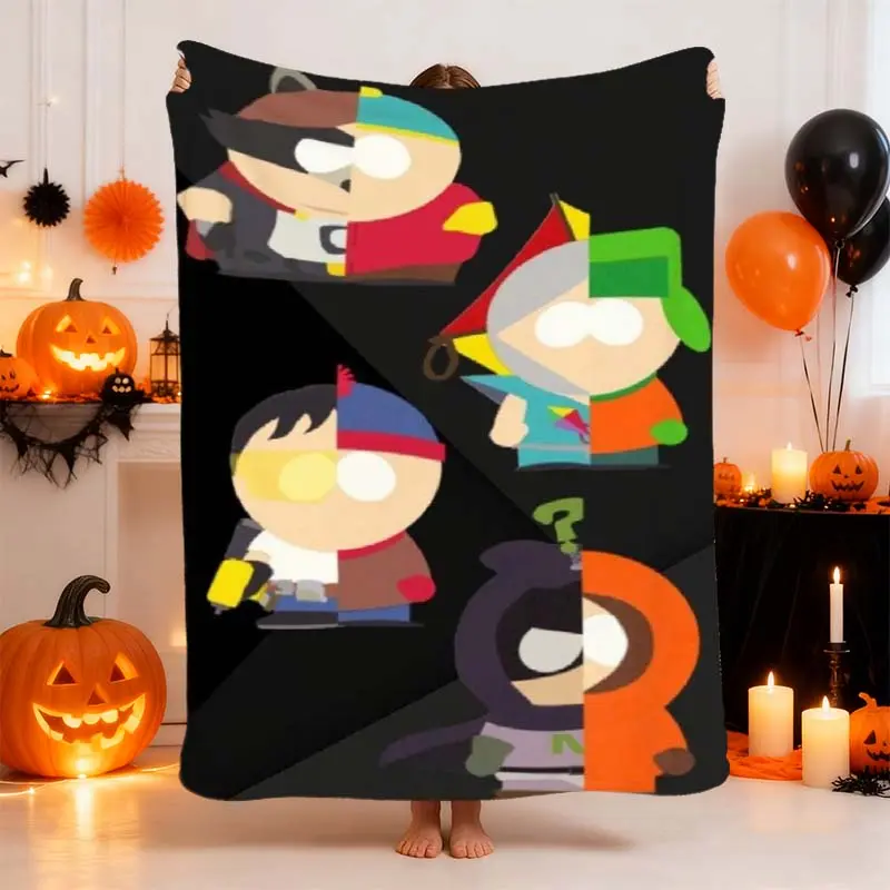 South Park Character Fusion Design Flannel Blanket, soft and comfortable, machine washable and suitable for all seasons. Portable, hypoallergenic, and tear-resistant — perfect for sofa, bed, office, camping, or travel. An ideal gift for Christmas, Valenti
