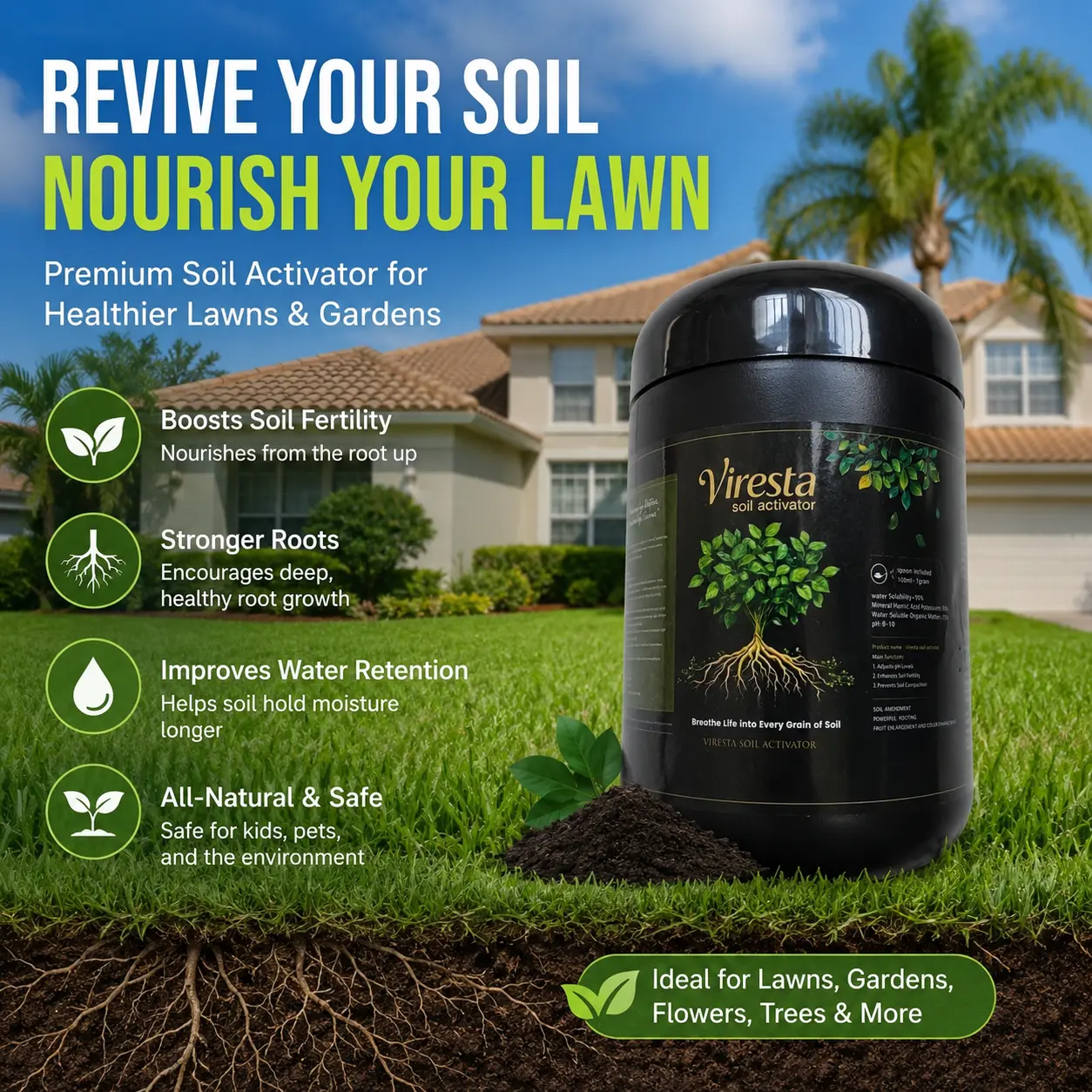 Viresta Soil Revitalizer, Concentrated Humic Acid Soil Conditioner for Lawn, Garden, Fruit Trees, Vegetables & Potted Plants, Makes up to 266 Gallons, 13.8 oz-gan-Viresta