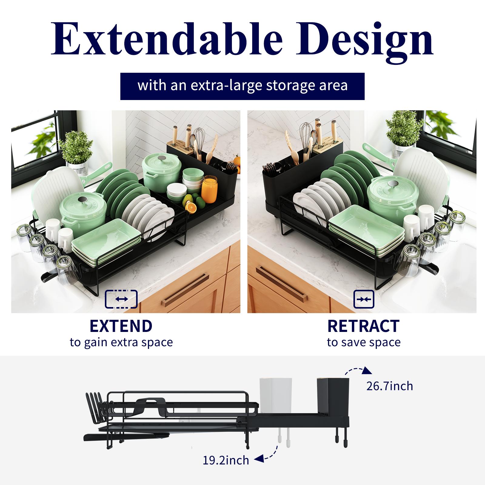 Black Expandable Dish Drying Rack Over Sink, Adjustable Iron Spray Coated Dish Rack with Drainboard, Large Capacity Kitchen Organizer for Plates Bowls Utensils, Space Saving Sink Rack Storage Holder