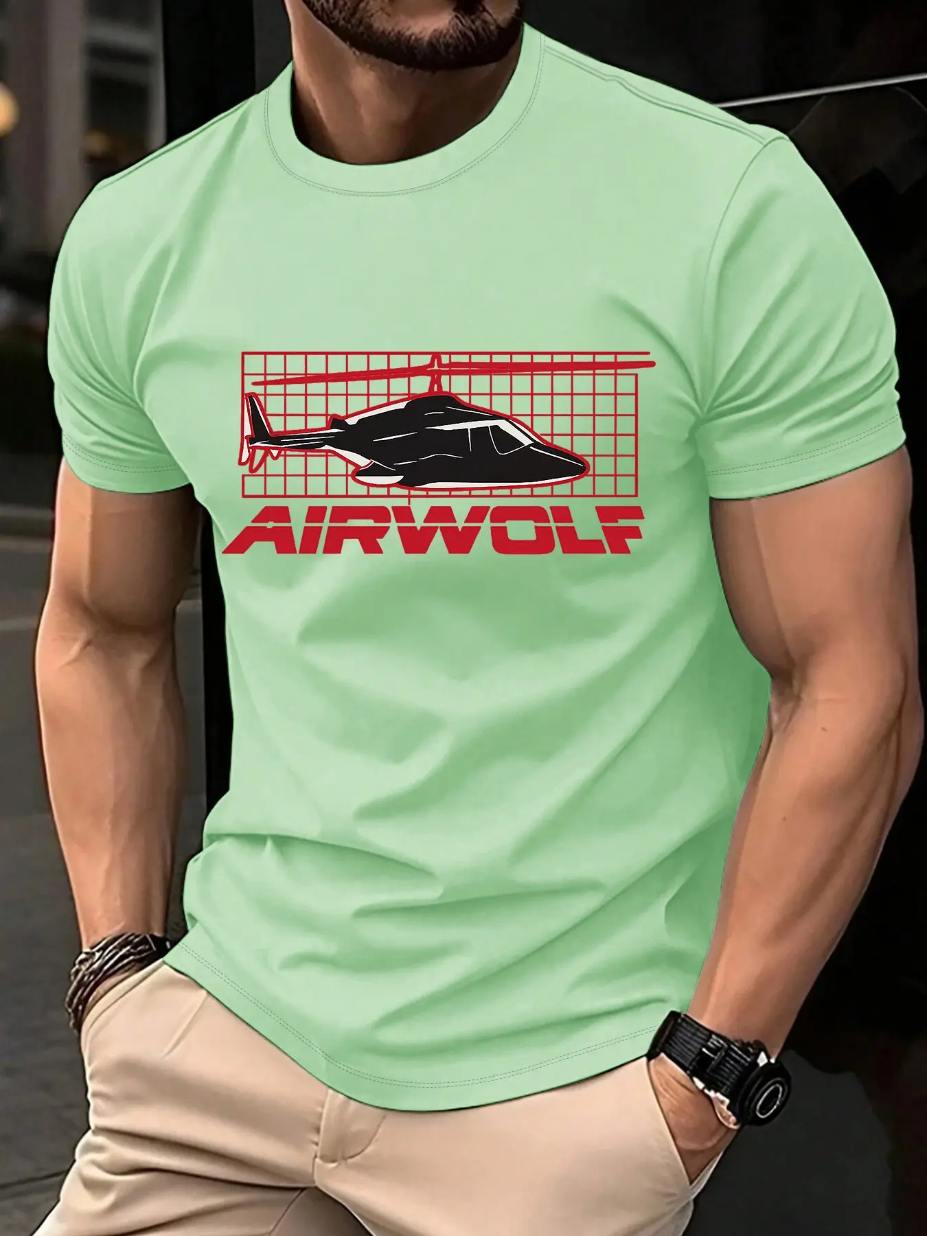 Airwolf Retro Helicopter Graphic T-Shirt, Men's 80s Nostalgia Tee, Fitted Short Sleeve Casual Wear, Perfect for Everyday Style