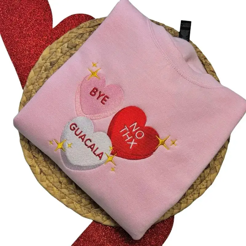[MADE IN US] Pink Latin Inspired Guacala Candy Hearts Embroidered Sweatshirt for Valentine's Day, Soft Comfortable Hoodie Pullover Women's Tops