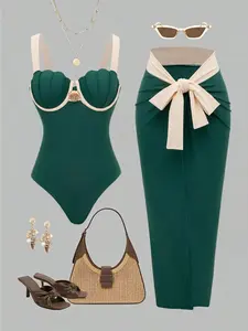 Swim Oasis 2026 Spring/Summer Women's Beach Vacation Casual Retro Luxury Contrast Color Metal Shell Decor Backpack, Shell Cup, Tied Side Long Skirt, High-End 2 Pieces One-Piece Swimsuit Set