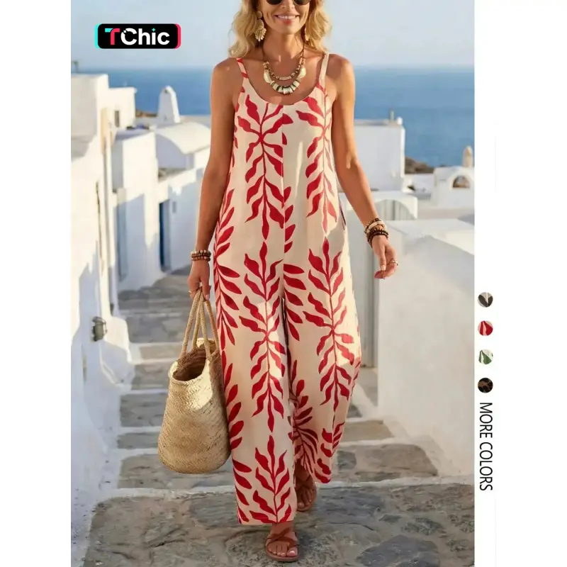Women's Casual Chic Bohemian Printed Loose One-Piece Jumpsuit, Summer Fashion Sleeveless Jumpsuit, Comfortable and Stylish Boho Overall
