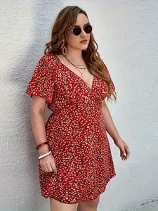 Plus Size Floral Print Dress, Casual V Neck Short Sleeve Beach Dress Spring Summer, Women'S Plus Size Clothing