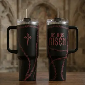 Faith Over Fear He Has Risen 40oz Insulated Tumbler with Handle & 20oz No Handle, Christian Cross Thorn Double Printed Travel Mug, Religious Gift for Easter Spiritual Cup, Heavy Duty Stainless Steel Vacuum Flask with Straw