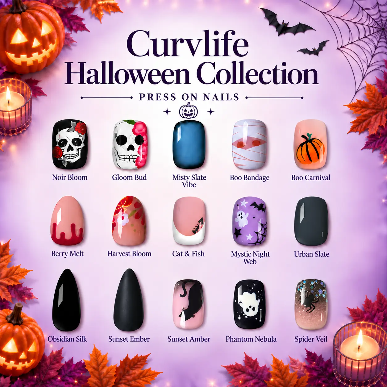 Curvlife Halloween Press on Nails Collection|32 PCS|Glossy Full Cover Acrylic Glue on Stick on Nails for Women and Girls|Cute Ghost Pumpkin Bat Spider Web Black Orange French Tip Reusable False Nails|Halloween Nail Art Kit|Salon Quality Fake Nails
