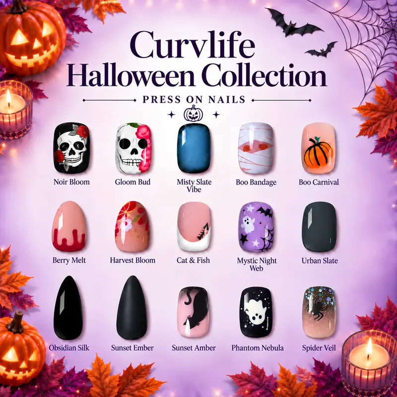 Curvlife Halloween Press on Nails Collection|32 PCS|Glossy Full Cover Acrylic Glue on Stick on Nails for Women and Girls|Cute Ghost Pumpkin Bat Spider Web Black Orange French Tip Reusable False Nails|Halloween Nail Art Kit|Salon Quality Fake Nails