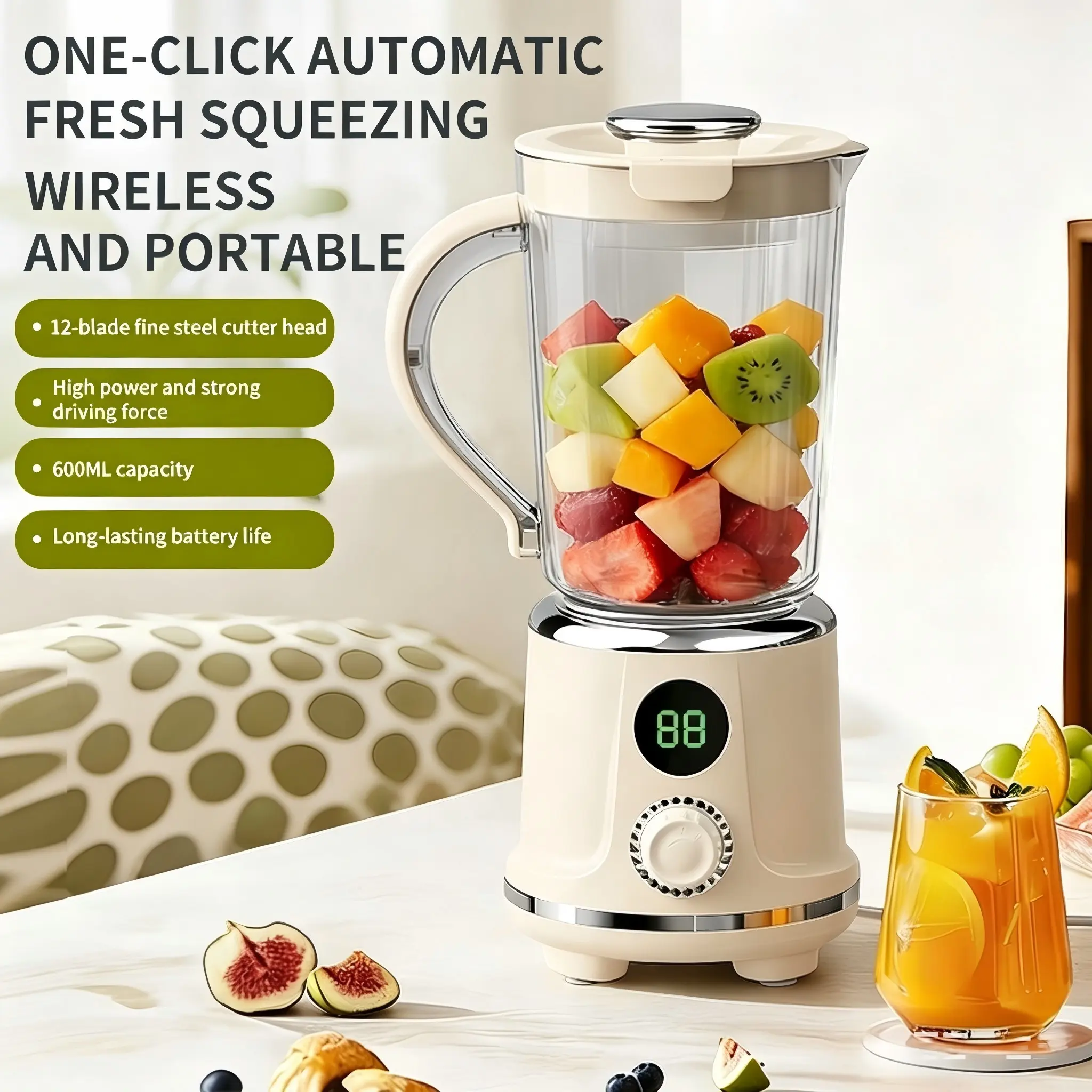 1PC portable wireless juicer, Juicer Blender, Type-c rechargeable (3000 mAh lithium battery), intelligent digital display, 304 stainless steel cutter head (12 serrated blades), 600ml cup body capacity, suitable for juice/milkshake/fruits and vegetables